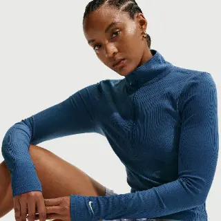 Nike Chill Knit strakke, geribde top met korte rits en lange mouwen voor dames - Blauw