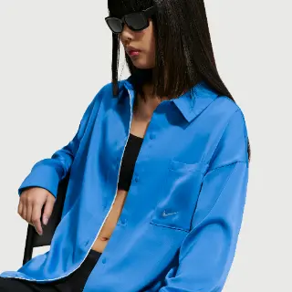 Nike oversized satijnen damestop met lange mouwen - Blauw