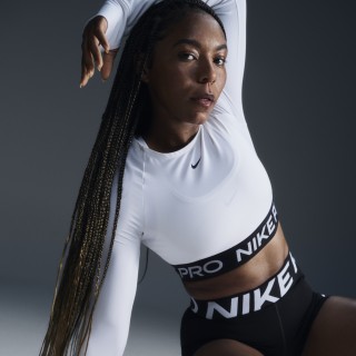 Nike Pro Dri-FIT korte top met lange mouwen voor dames - Wit