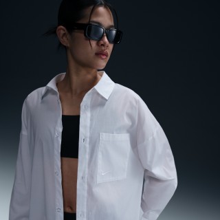 Nike Sportswear Chill Poplin ruimvallende damestop met lange mouwen en knoopsluiting - Wit