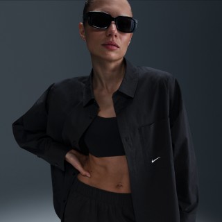 Nike Sportswear Chill Poplin ruimvallende damestop met lange mouwen en knoopsluiting - Zwart