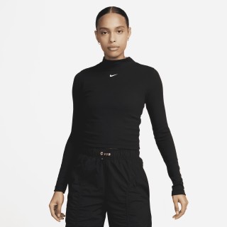 Nike Sportswear Essential Geribde Damestop met hoge kraag en lange mouwen - Zwart