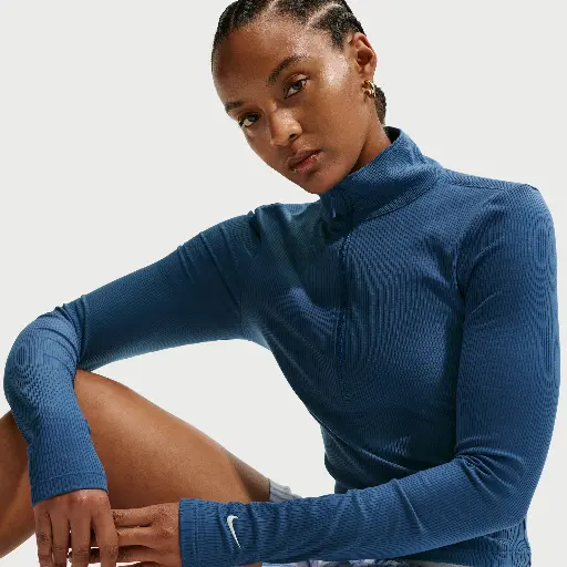 Nike Chill Knit strakke, geribde top met korte rits en lange mouwen voor dames - Blauw