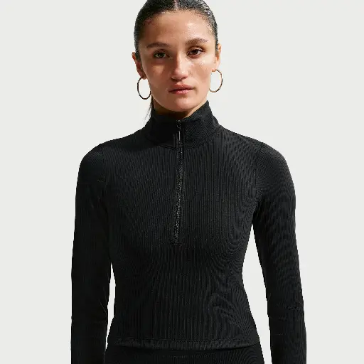 Nike Chill Knit strakke, geribde top met korte rits en lange mouwen voor dames - Zwart