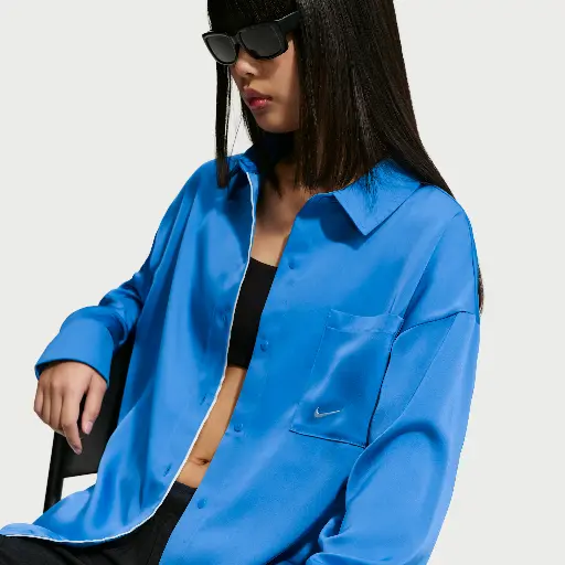 Nike oversized satijnen damestop met lange mouwen - Blauw