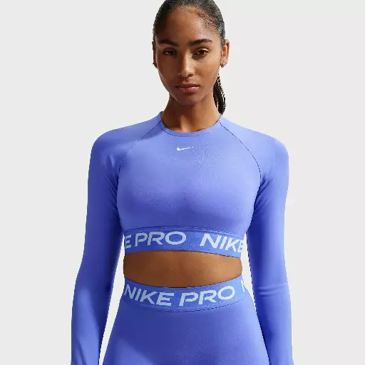 Nike Pro Dri-FIT korte top met lange mouwen voor dames - Blauw