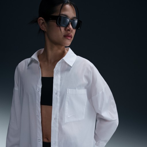 Nike Sportswear Chill Poplin ruimvallende damestop met lange mouwen en knoopsluiting - Wit