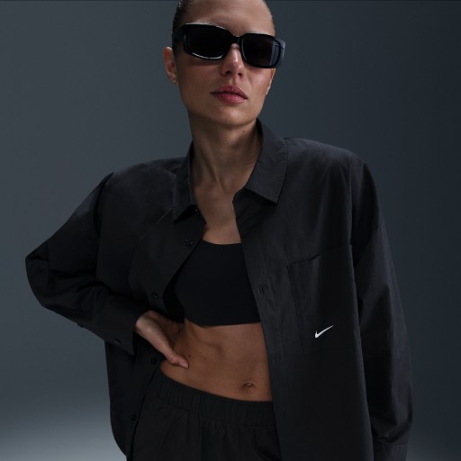 Nike Sportswear Chill Poplin ruimvallende damestop met lange mouwen en knoopsluiting - Zwart