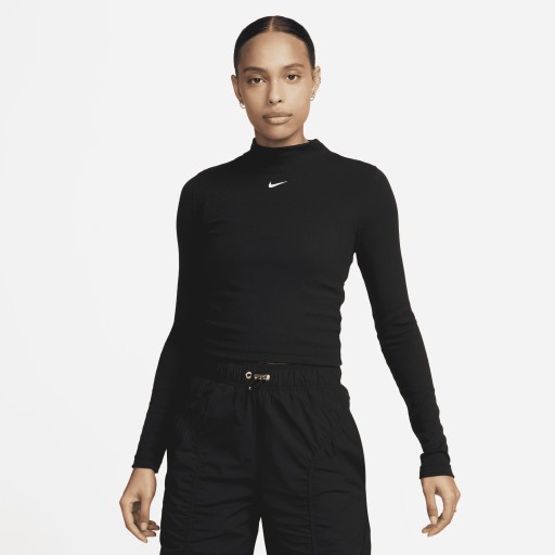 Nike Sportswear Essential Geribde Damestop met hoge kraag en lange mouwen - Zwart